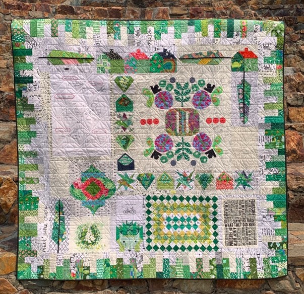 "Modern Trends," Kristin Barrus, 2017. Quilt, primarily white with green border.