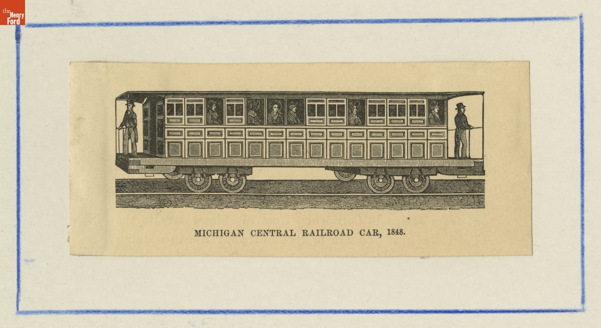 Engraving of railroad car with people visible at front and back and through the windows