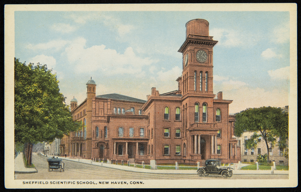 Sheffield Scientific School, New Haven, Conn., 1915-1920 Postcard showing red brick building with cars passing it on street; also contains text