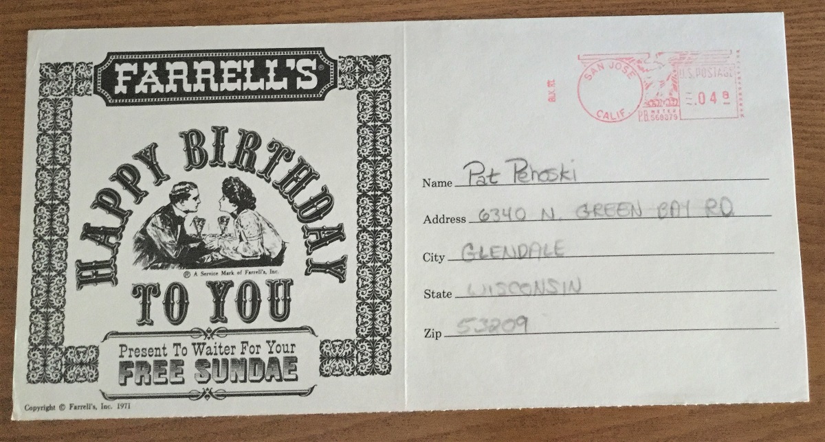 Card with Victorian man and woman holding hands at a table; also contains text, address, and postal cancellation