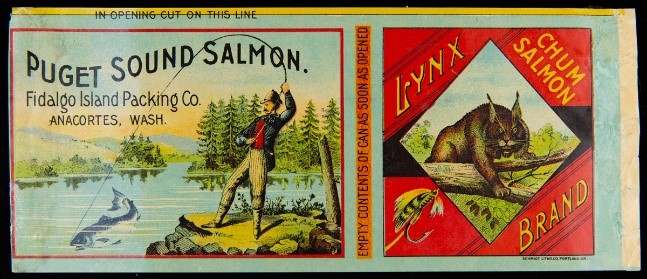 Label with two parts--one showing man fishing on the edge of a lake; the other showing a lynx in a diamond shaped space bordered by red; also contains text