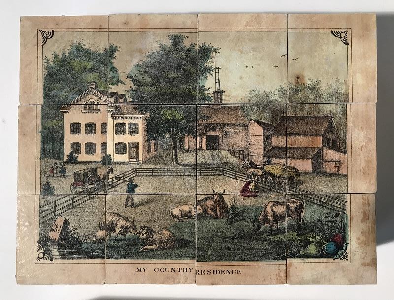 Picture block sides showing "My Country Residence" Blocks arranged together to show several buildings and a yard with farm animals, along with text "My Country Residence"