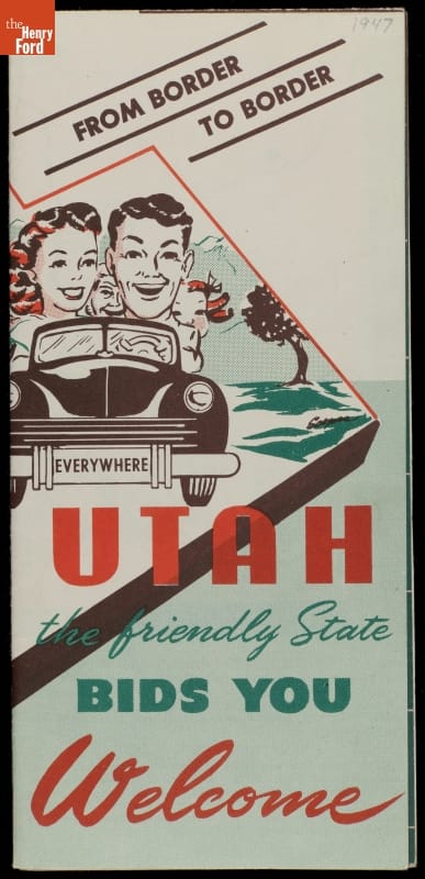Brochure cover with text and image of convertible car with oversized heads of a man and woman sticking out the top