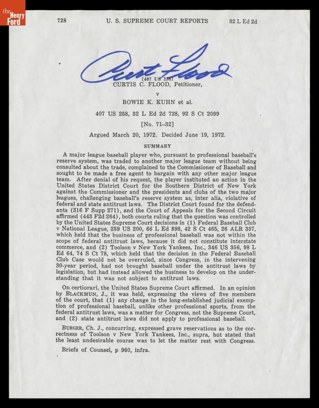 U.S. Supreme Court Report, Curtis C. Flood, Petitioner, v. Bowie K. Kuhn et al, 1972 Page with typewritten text and large hand-written signature at top