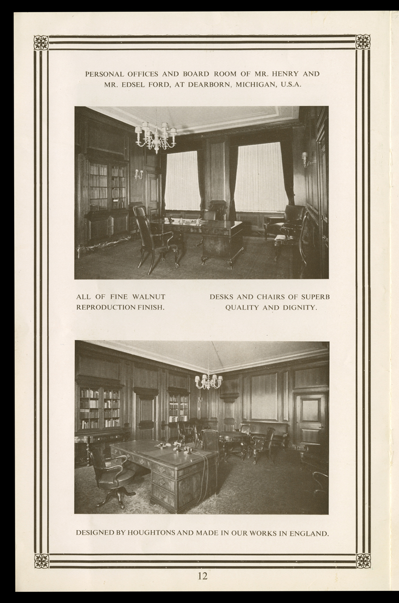 Houghton Studio Catalog, "Houghtons...Design & Manufacture of Decoration, Furniture, Etc.," 1925-1928 / page 12 Page with text and two photos of office interiors