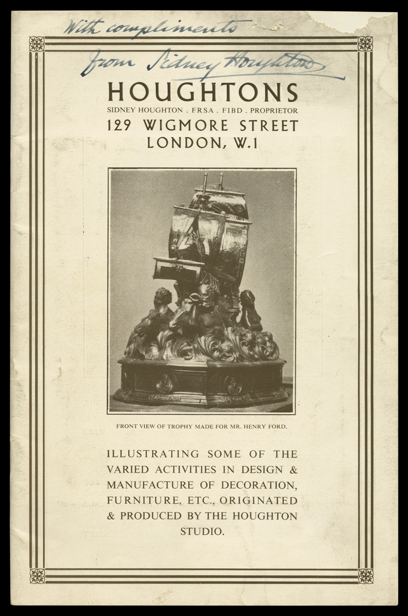 Page with text and image of sculpture featuring boat and figures in water