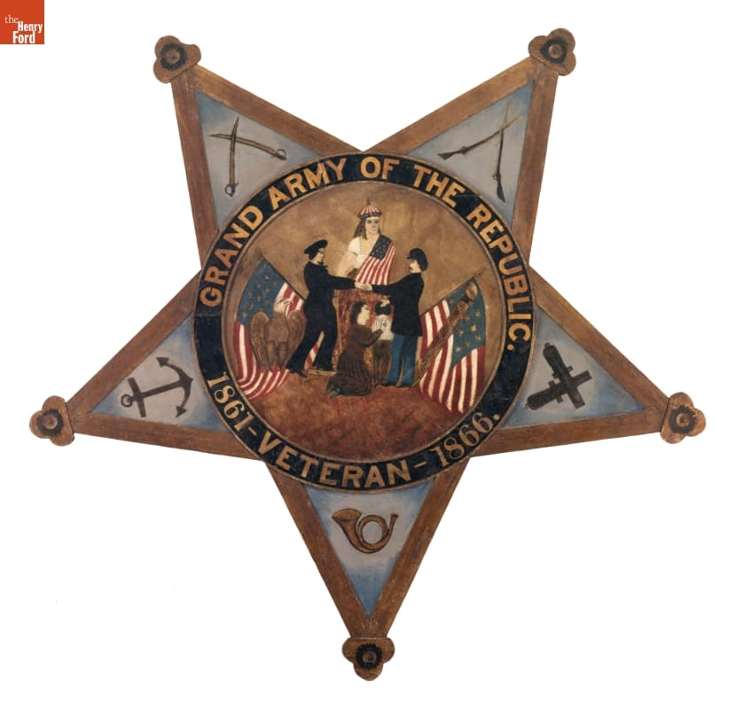 Artwork Used in a Grand Army of the Republic (G.A.R.) Hall in Bath, Maine, circa 1866 Five-pointed star-shaped artwork with image of people and flags in center; also contains text