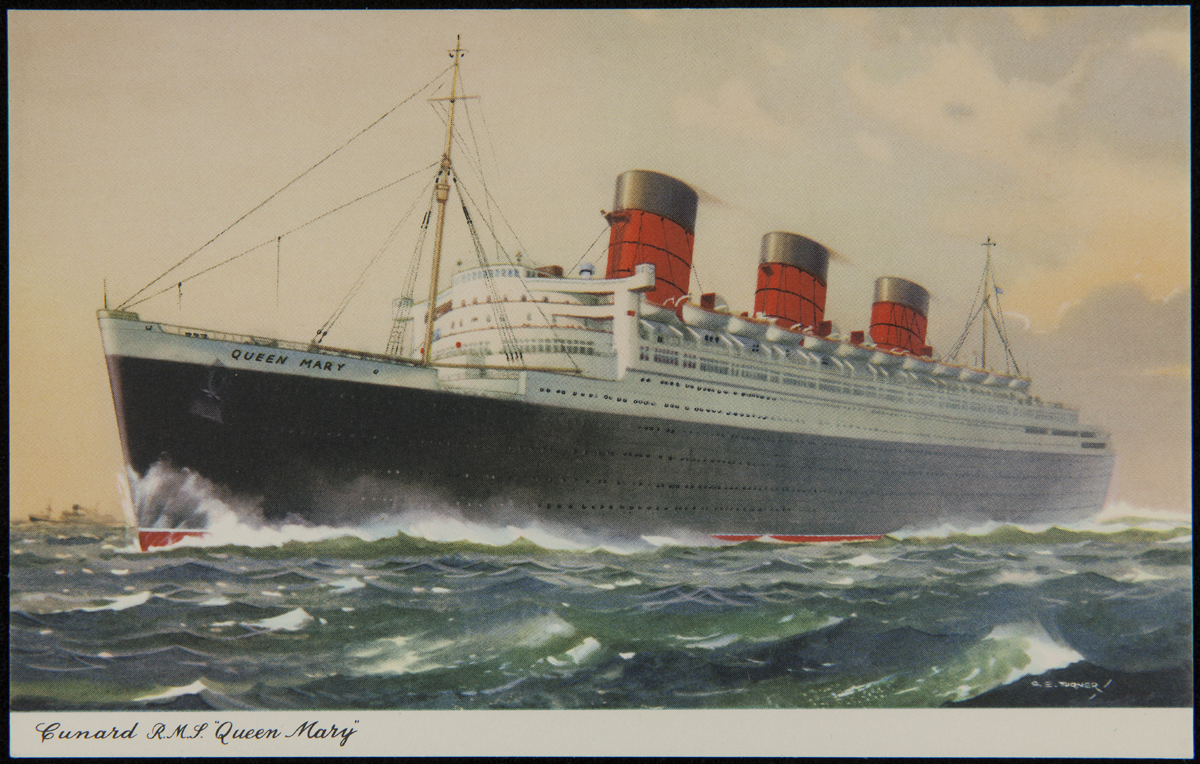 Postcard, "Cunard RMS Queen Mary," circa 1949 Postcard of large ocean liner at sea; also contains text