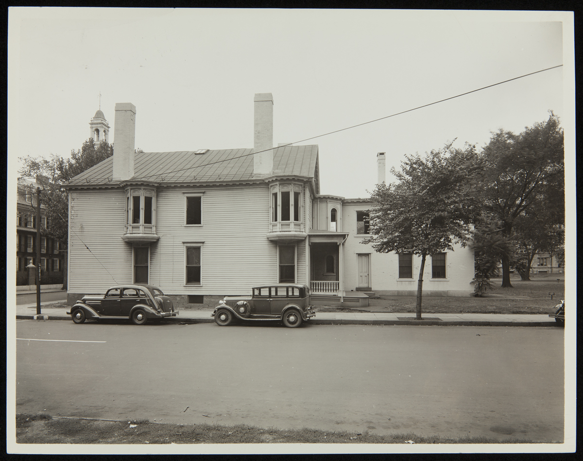 Side View of Noah Webster Home at Its Original Site, New Haven, Connecticut, 1936 Large house with two cars parked on street by it