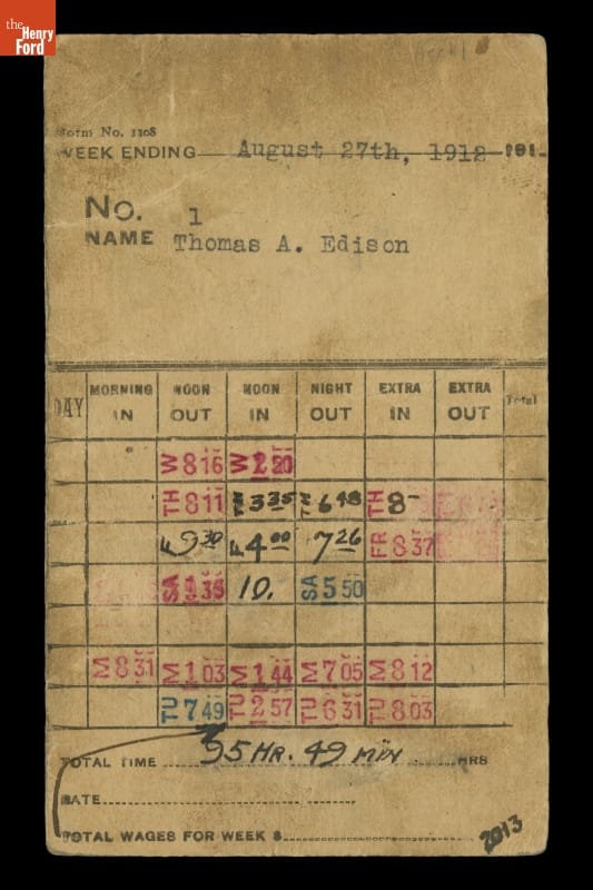Time Card Punched by Thomas Edison at His West Orange Laboratory, for the Week Ending August 27, 1912 Card with printed form filled out with typed, handwritten, and stamped text.