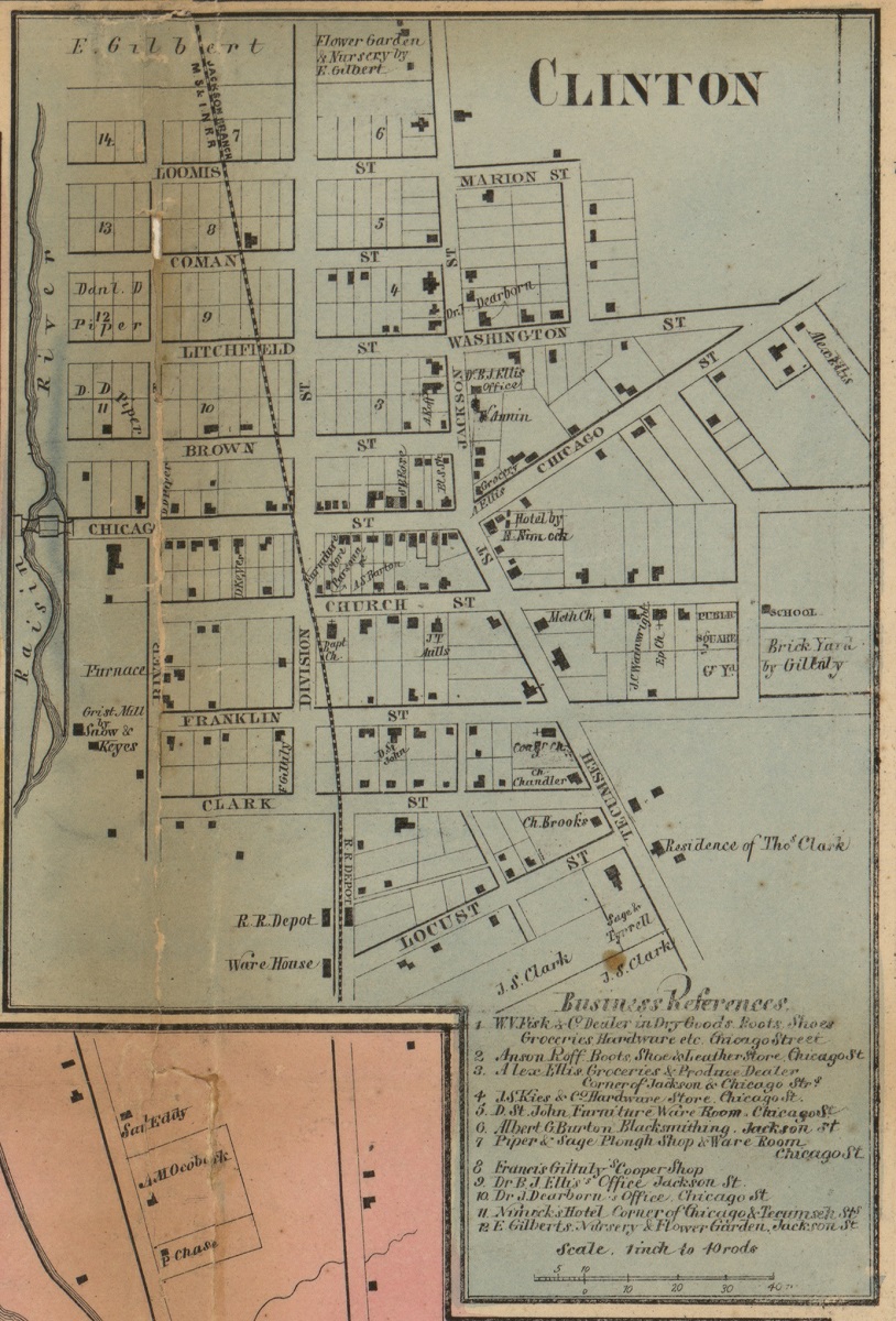 Map of Clinton, Michigan, 1857 Map with text noting businesses