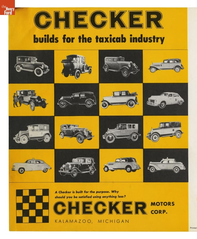 "Use the Only Real Taxicab, Checker," 1961 / back detail Page with text and yellow-and-black checkered pattern with images of cars in each square