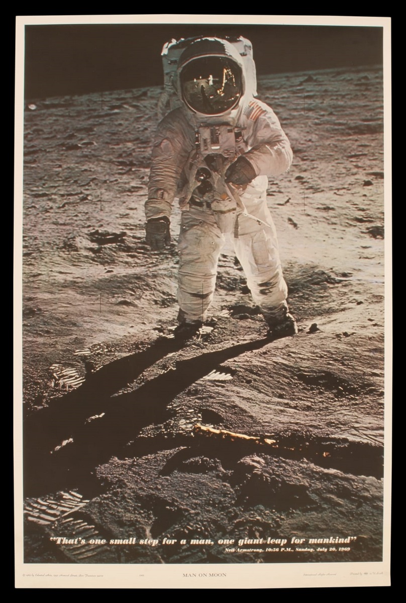 Poster of astronaut in spacesuit on the moon; also contains text