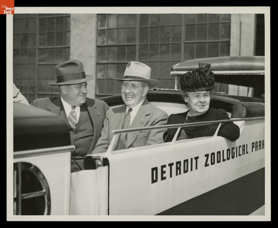 Clara Ford Riding with K. T. Keller and Unidentified Man at Detroit Zoo, 1949