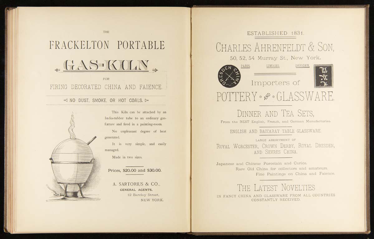 Book open to two ad pages: one with text and image of kiln and one with text and two logos