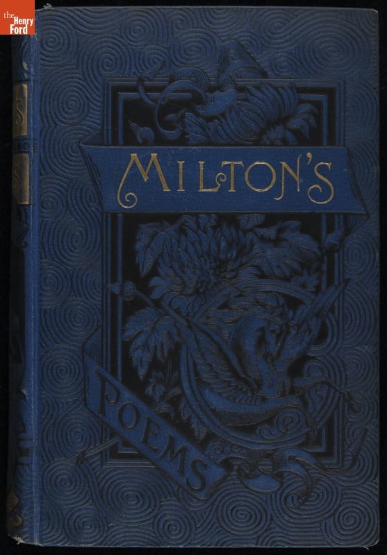 Blue book cover with text and images of winged horse and foliage, with swirling pattern in the background