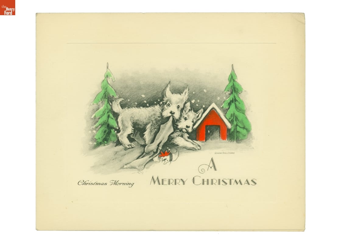 Two Scottie dogs in the snow amid evergreens and in front of a red doghouse; one holds a stocking with a toy coming out of it