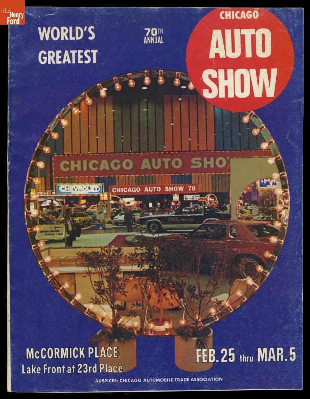 Circular photo of cars on display on a blue background; contains text
