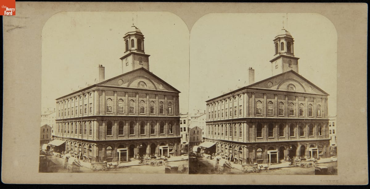 Faneuil Hall, Boston, Mass., circa 1859 Two duplicate images of a three-story building with tower