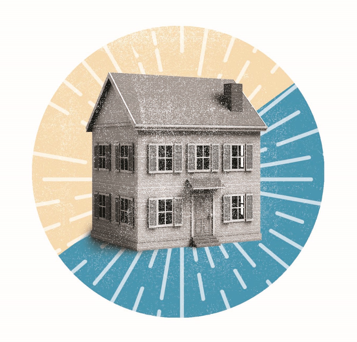 Home Image of two-story house with graphic circle, half peach and half blue, with white lines behind it