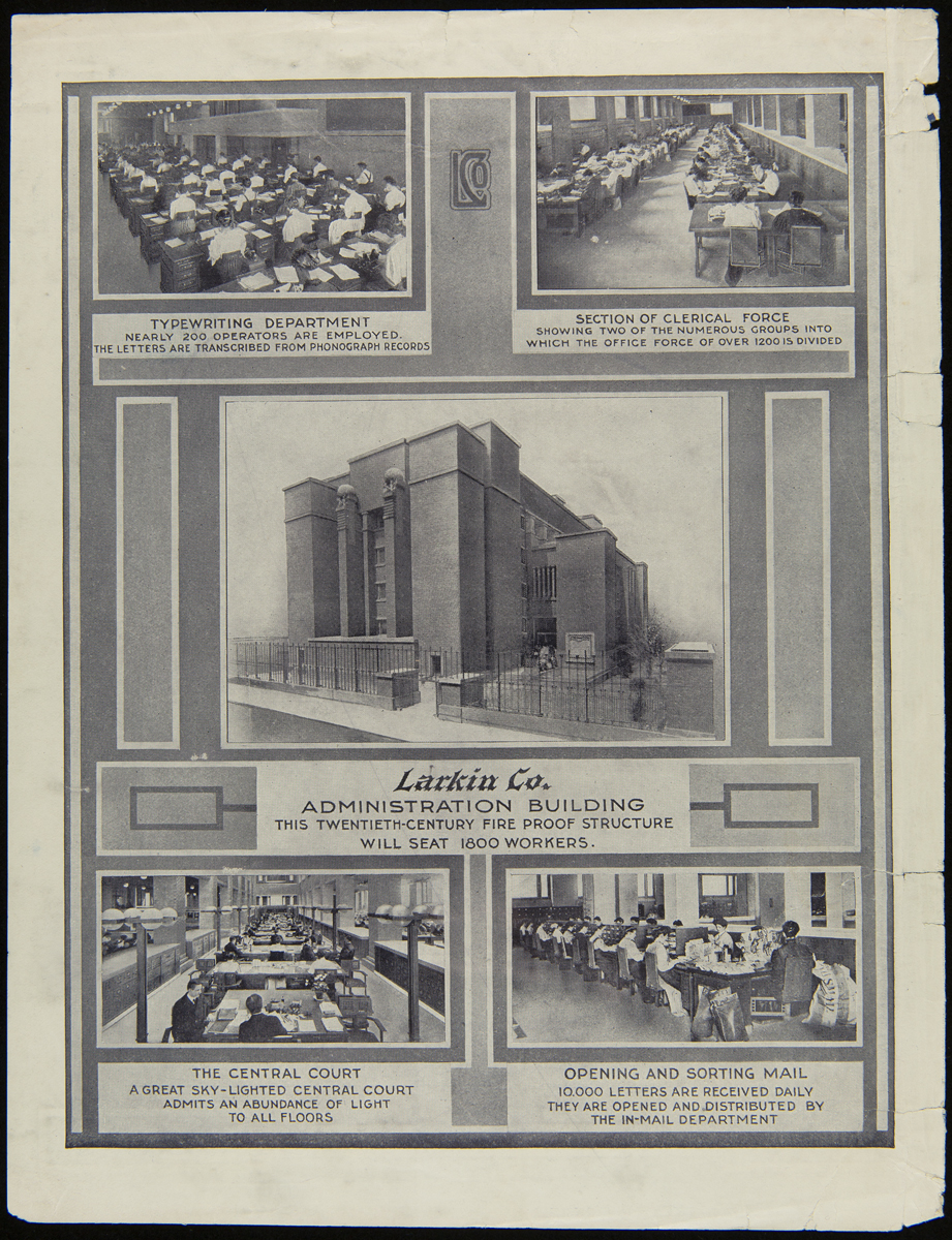 Larkin Company Trade Catalog, "Product and Premium List," January 1908 (58th Edition) Images of office workers and building, along with text