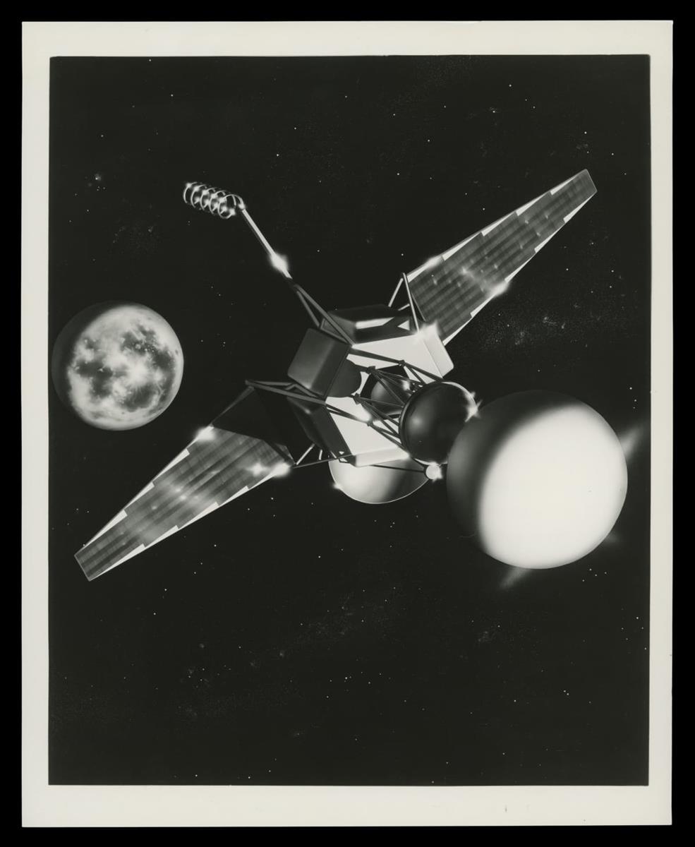 Artist's Rendering of Lunar Capsule Built by Ford Motor Company Aeronutronic Division, 1960 Satellite or other spacecraft among the stars with a planet in the background