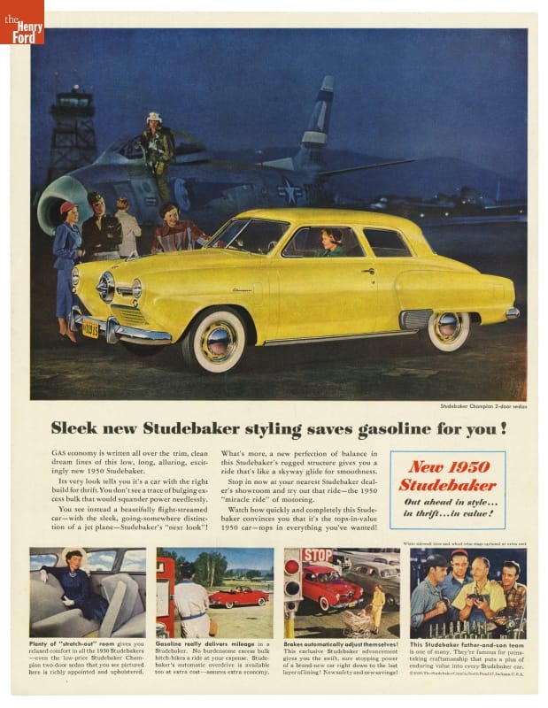 1950 Studebaker Advertisement, "Sleek New Studebaker Styling Saves Gasoline for You!" Advertisement with picture of yellow car at airport next to airplane; also contains smaller pictures and text