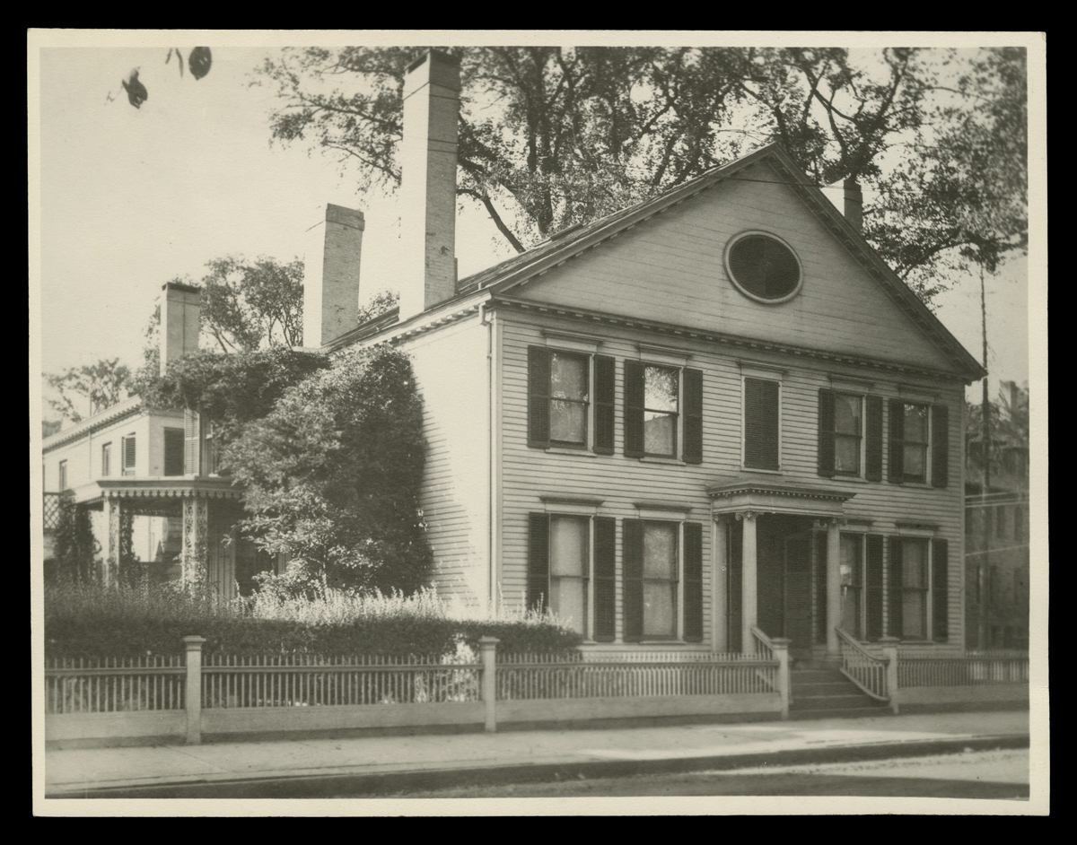 Noah Webster Home at Its Original Site, New Haven, Connecticut, circa 1912 Large house, slightly overgrown/run down, with picket fence in front