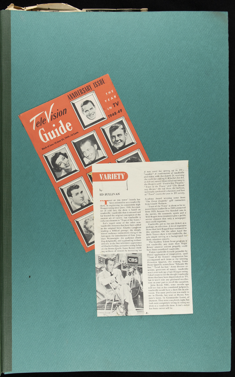 "Toast of the Town" Scrapbook, 1948-1949 / page 3 Teal colored page with TV Guide cover and page pasted onto it