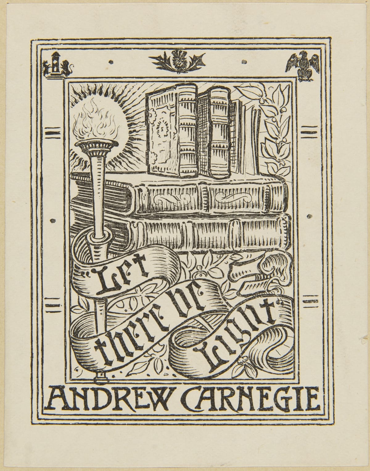 Bookplate from Andrew Carnegie depicting a stack of books with a torch and the motto "Let there be light"