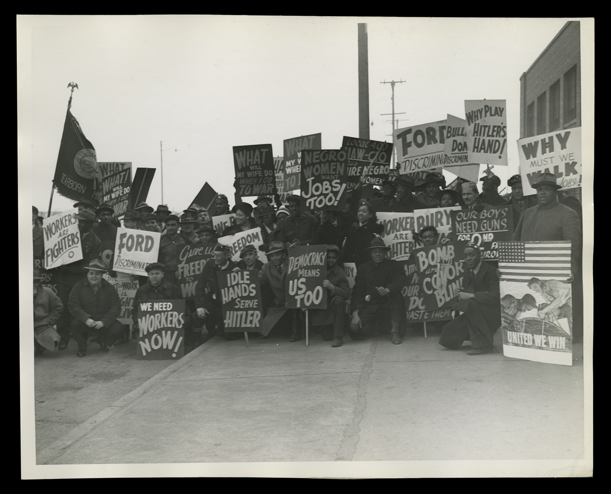 Picketers in Support of Hiring Negro Workers for Ford Motor Company, 1942. MOWM inspired this Detroit-based protest to demand Ford hire Black Women in their plants.