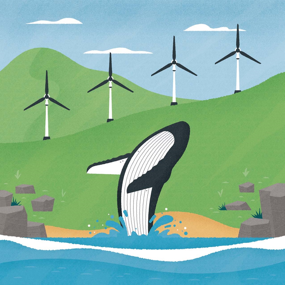 Humpback whales inspired wind turbine design Illustration of humpback whale extending vertically out of water while behind it are wind turbines on a grassy hill