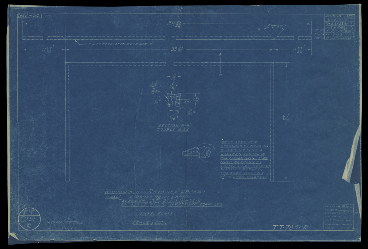 Drawing, "Window Glass Retainer - Upper," Ford Model TT Truck, August 25, 1926 Blueprint with blue background containing line drawings with notations and text