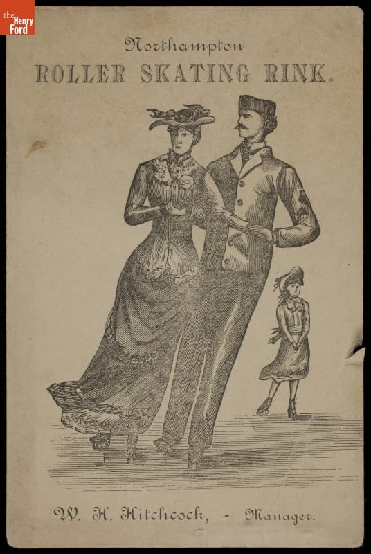Trade Card for the Northampton Roller Skating Rink, 1881 Tan card with text and etching of man and woman ice skating with child in background