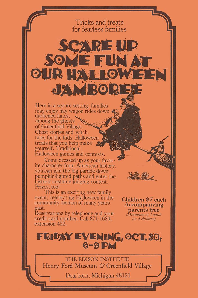 Orange flier with black text and image of witch on broomstick