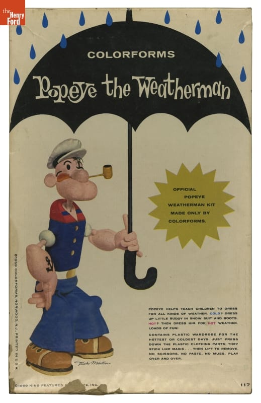 Colorforms Set, Popeye the Weatherman, 1959 White page with sailor character Popeye holding a large black umbrella underneath blue raindrops; also contains text