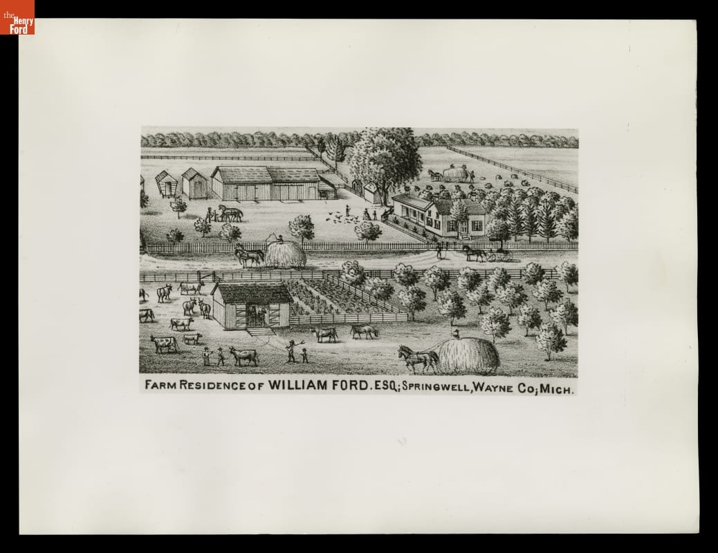Farm Residence of William Ford, from an Atlas of Wayne County, Michigan, 1876 Print showing house and barns, orchards, cows, horses pulling wagons full of hay