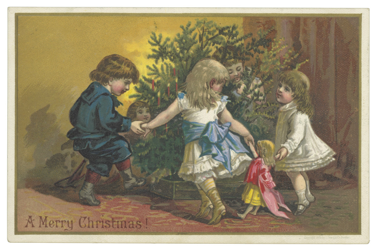 Christmas Card, A Merry Christmas!, 1880 Postcard with several children in old-fashioned dress holding hands and dancing around a small Christmas tree