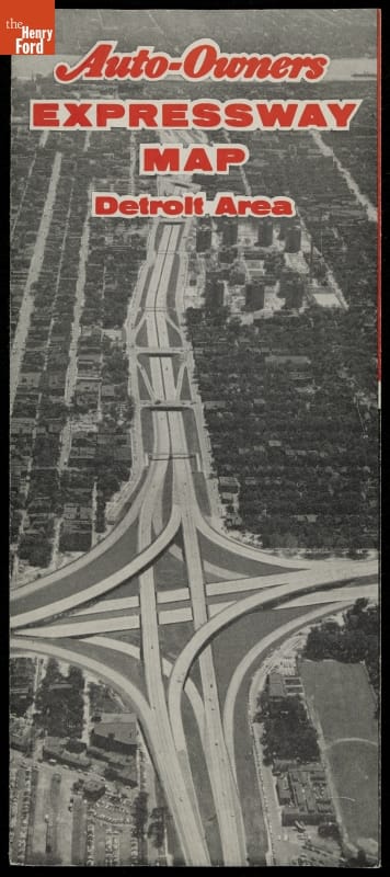 Pamphlet cover showing complex highway interchange; also contains text