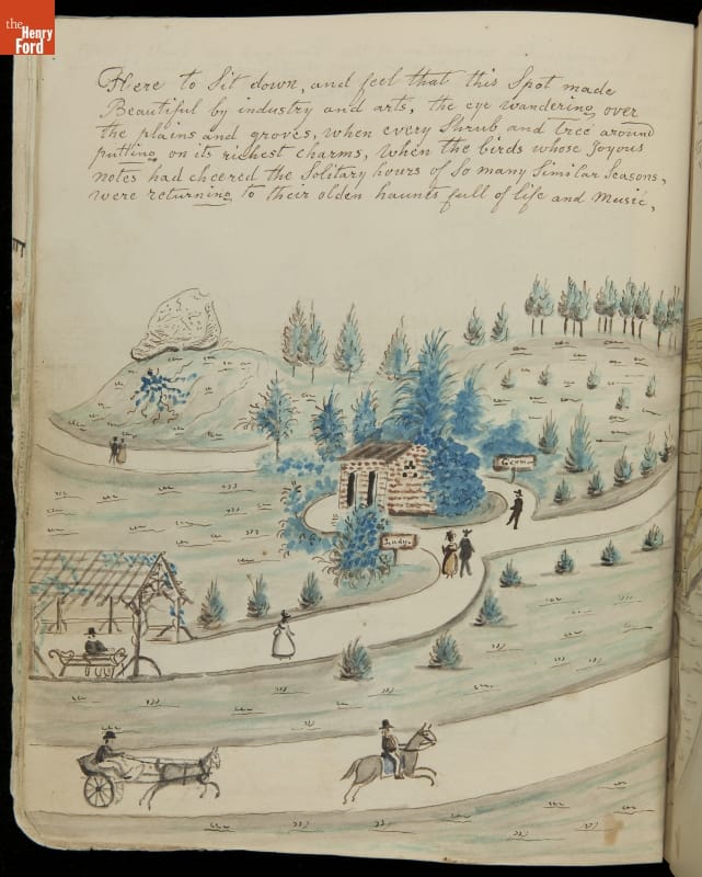 Page with handwritten text and painting of park with grass, trees, paths, and a building, with people on foot, on horses, and in carriages