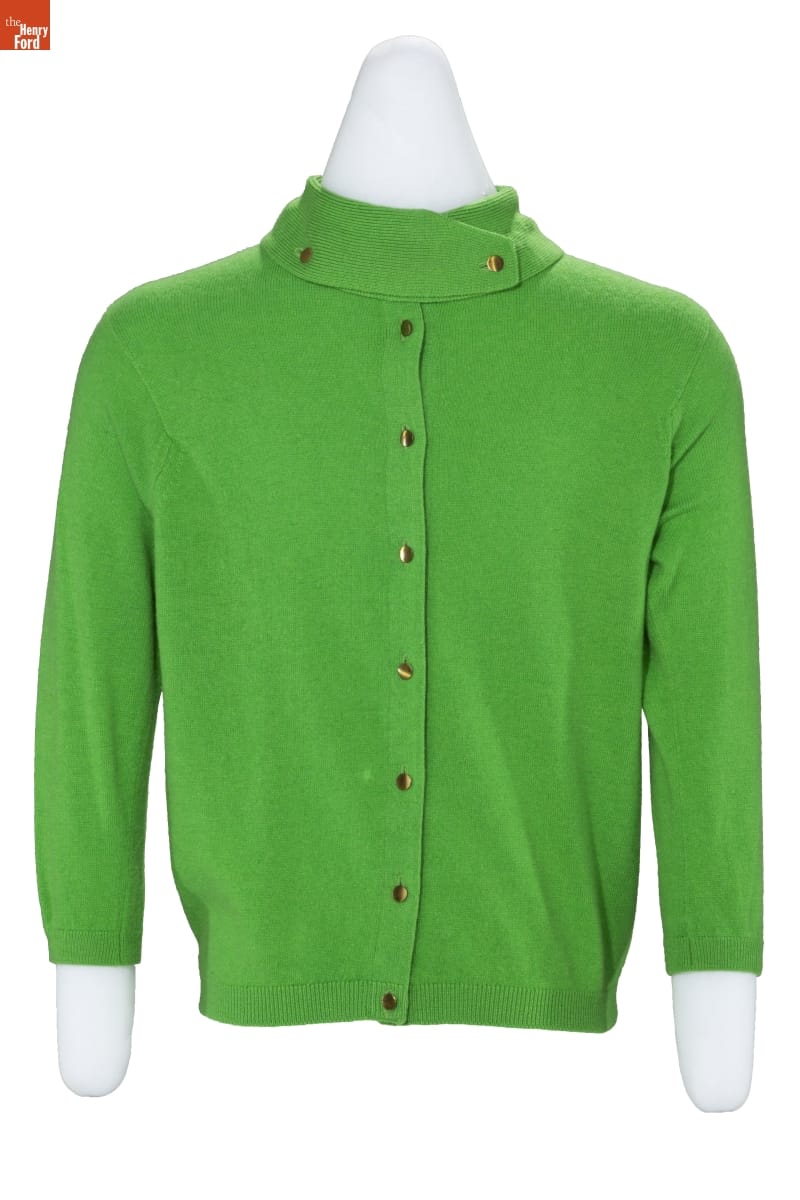 Sweater, Designed by Bonnie Cashin Apple green sweater with three-quarter sleeves and small buttons up the front