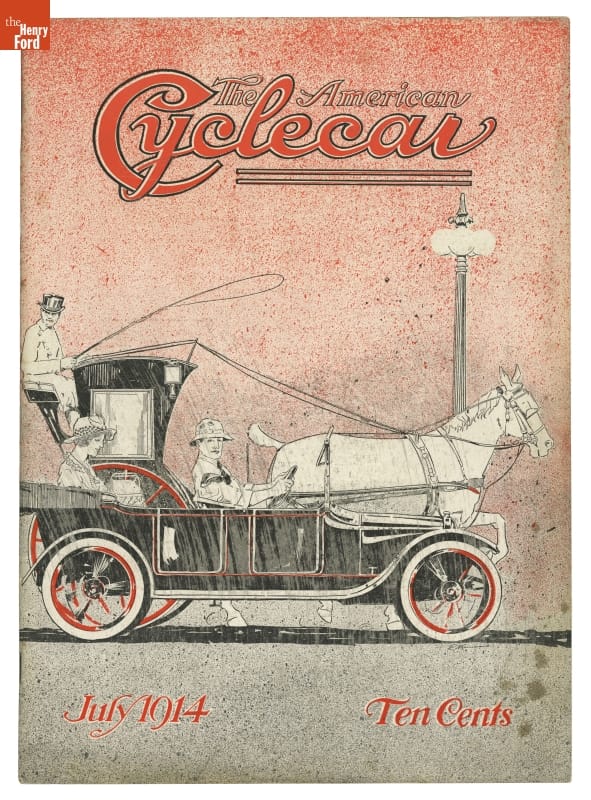 Illustration of car next to horse and carriage with light red background and text
