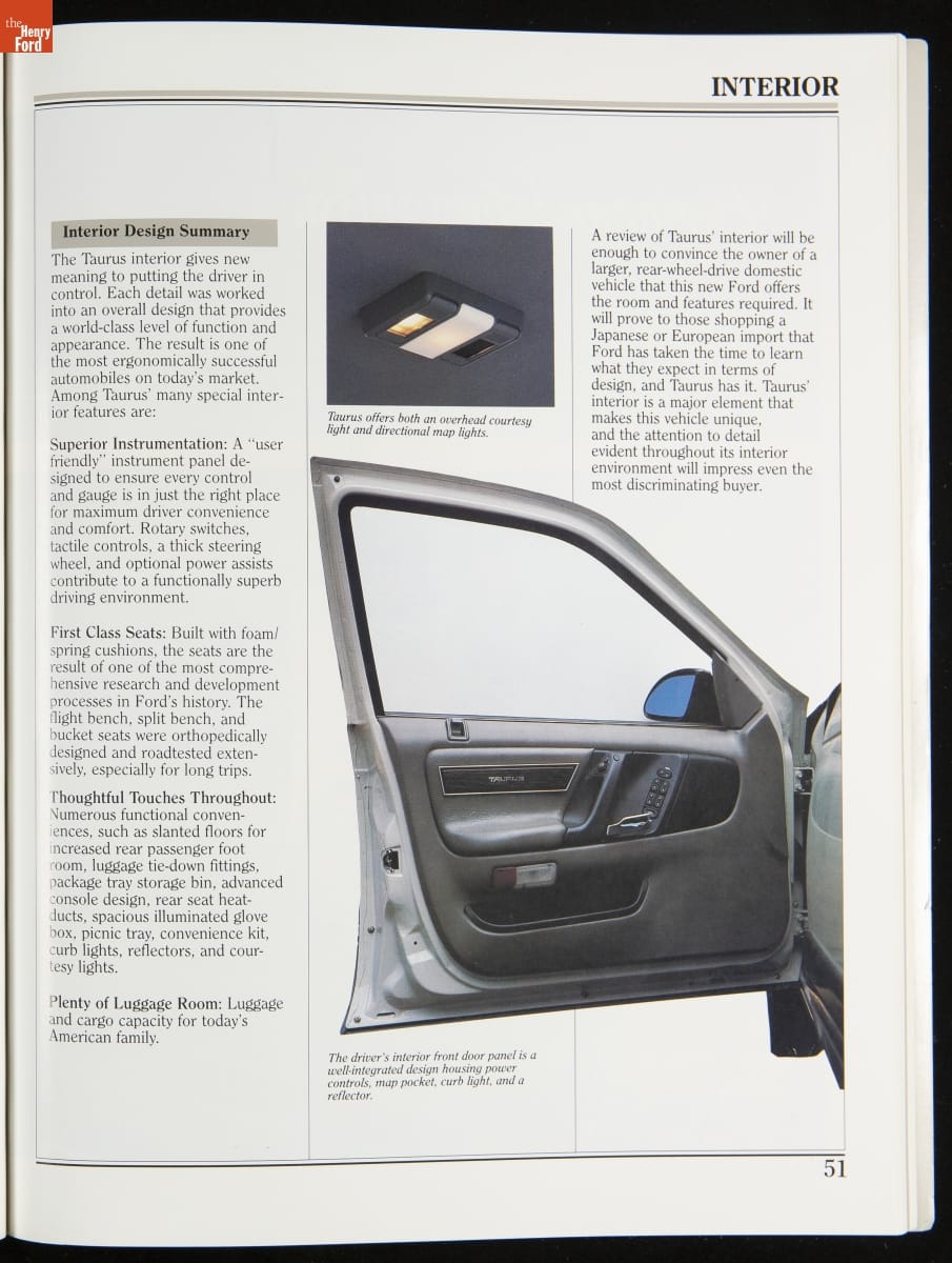 Marketing Manual for the 1986 Ford Taurus / page 51 Page with text and two images, one of inside of open car door and one showing an overhead car light