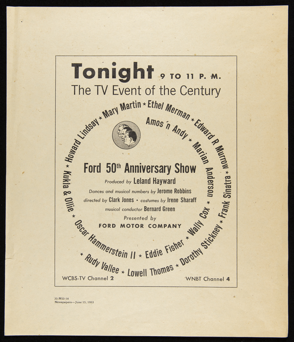 Advertisement, "Ford 50th Anniversary Show," June 15, 1953 Page containing text, some of it arranged in a spiral, with small image of three faces