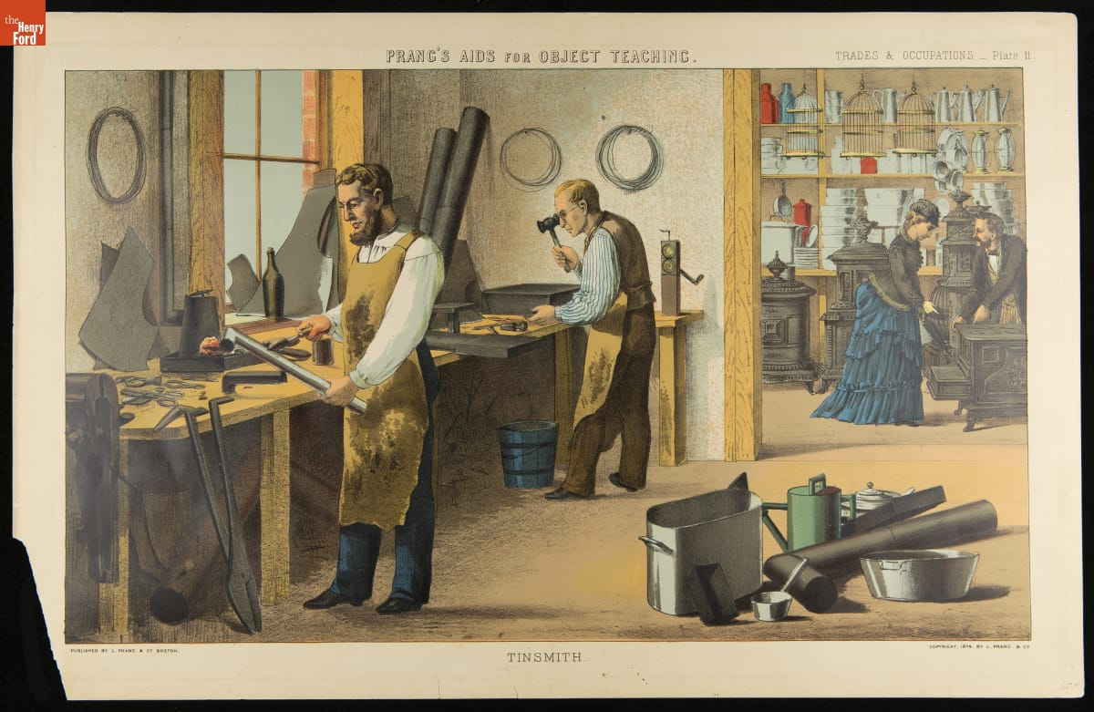 Chromolithograph, "Prang's Aids for Object Teaching, Trades & Occupations-Plate 11, Tinsmith," 1874