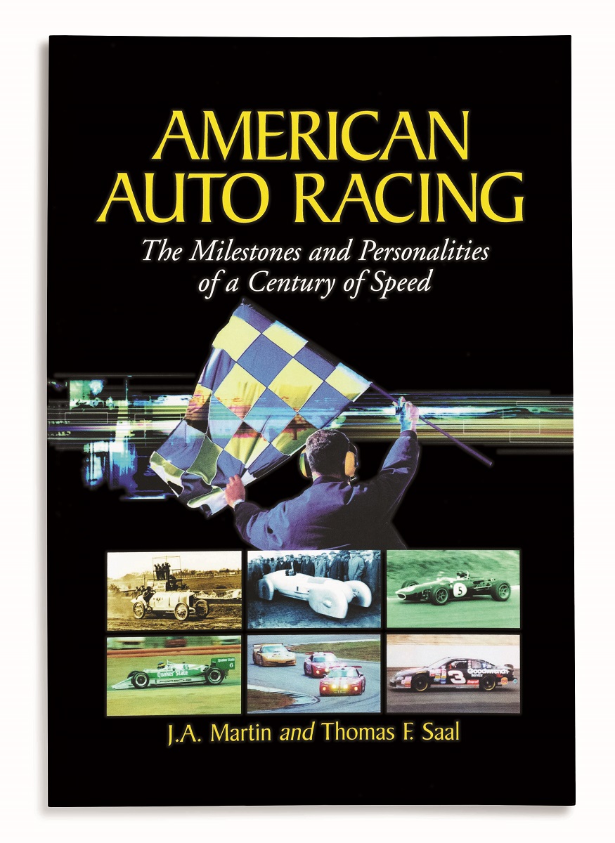 Black book cover with images of race cars and text
