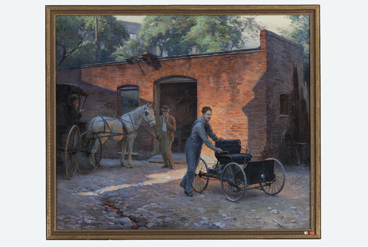 Henry Ford and the Quadricycle at Bagley Avenue by Albert Pennoyer, 1931 Framed painting of man in overalls pushing an early open automobile as a man holding a horse hitched to a carriage looks on