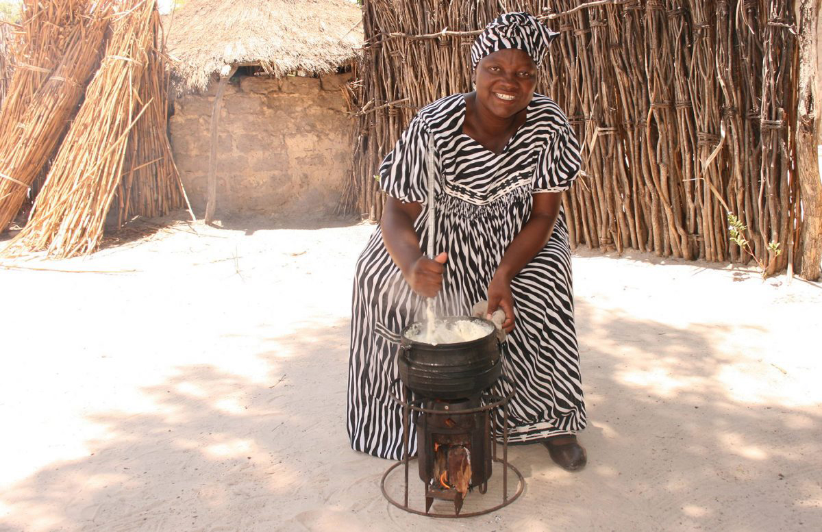 EzyStove Dark-skinned woman in black-and-white zebra print dress and headwrap stirs a pot over a portable stove in front of a wall of reeds or sticks