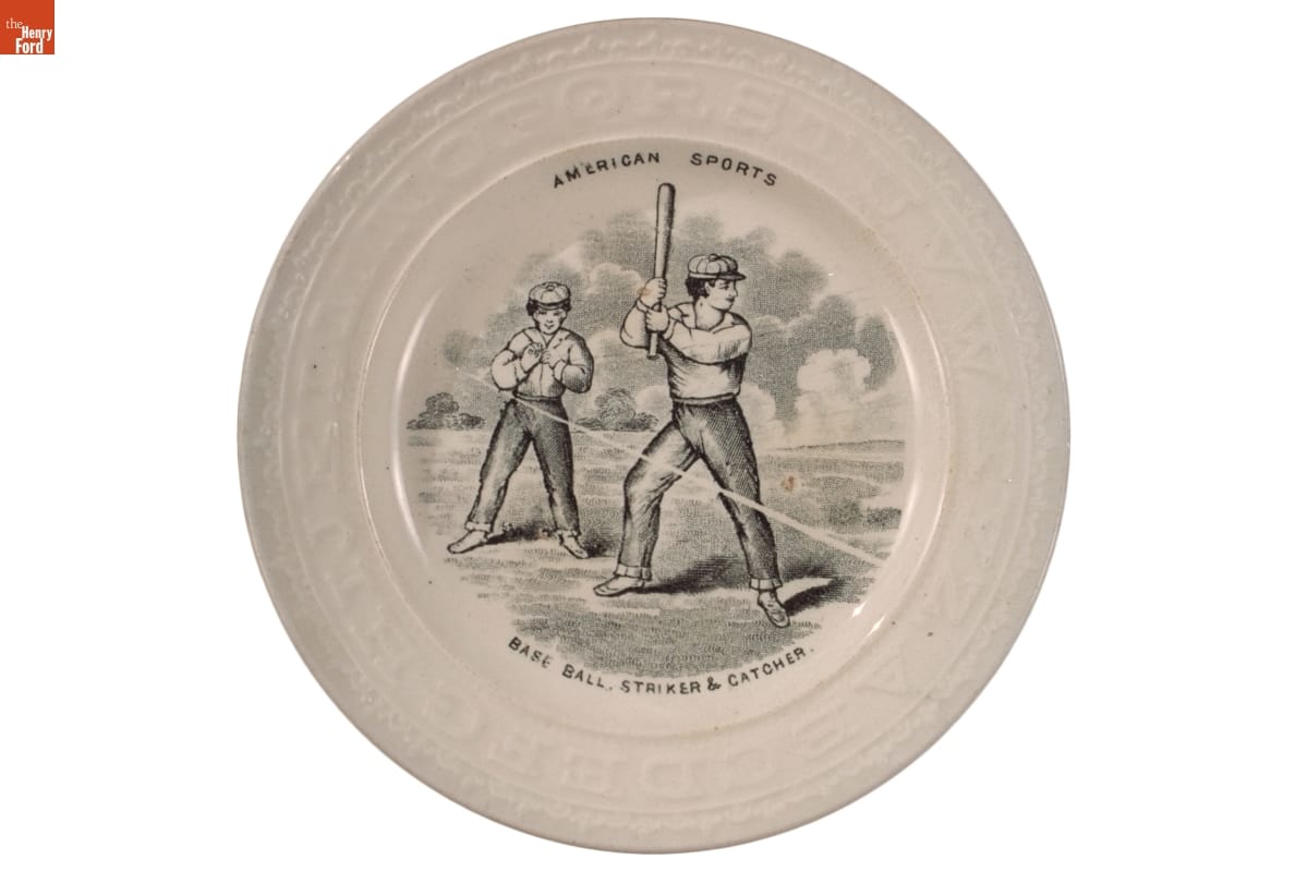 "American Sports, Base Ball, Striker & Catcher" Plate, circa 1850 Plate showing a batter holding a baseball bat and a catcher; also contains text