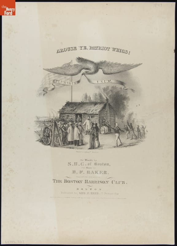 Page with text and image of log cabin surrounded by people with large eagle holding banner above